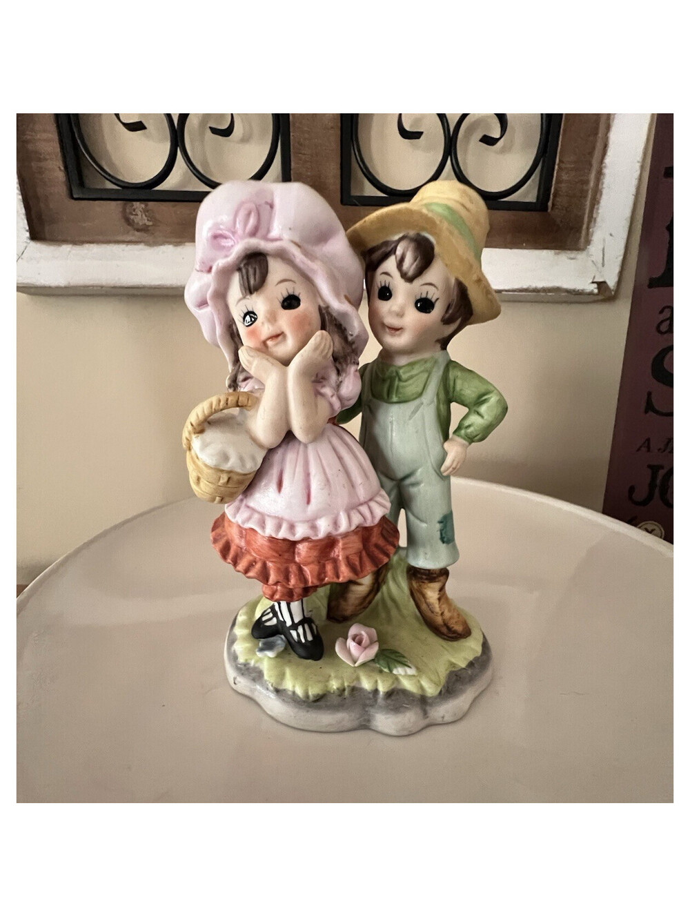 Lefton China Hand Painted Boy & Girl  Farmer boy Picnic Basket  Ceramic Figurine